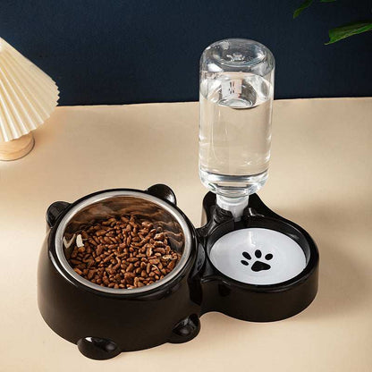 Pet Water Bottle and Bowl with an integrated food dish for convenient pet hydration and feeding