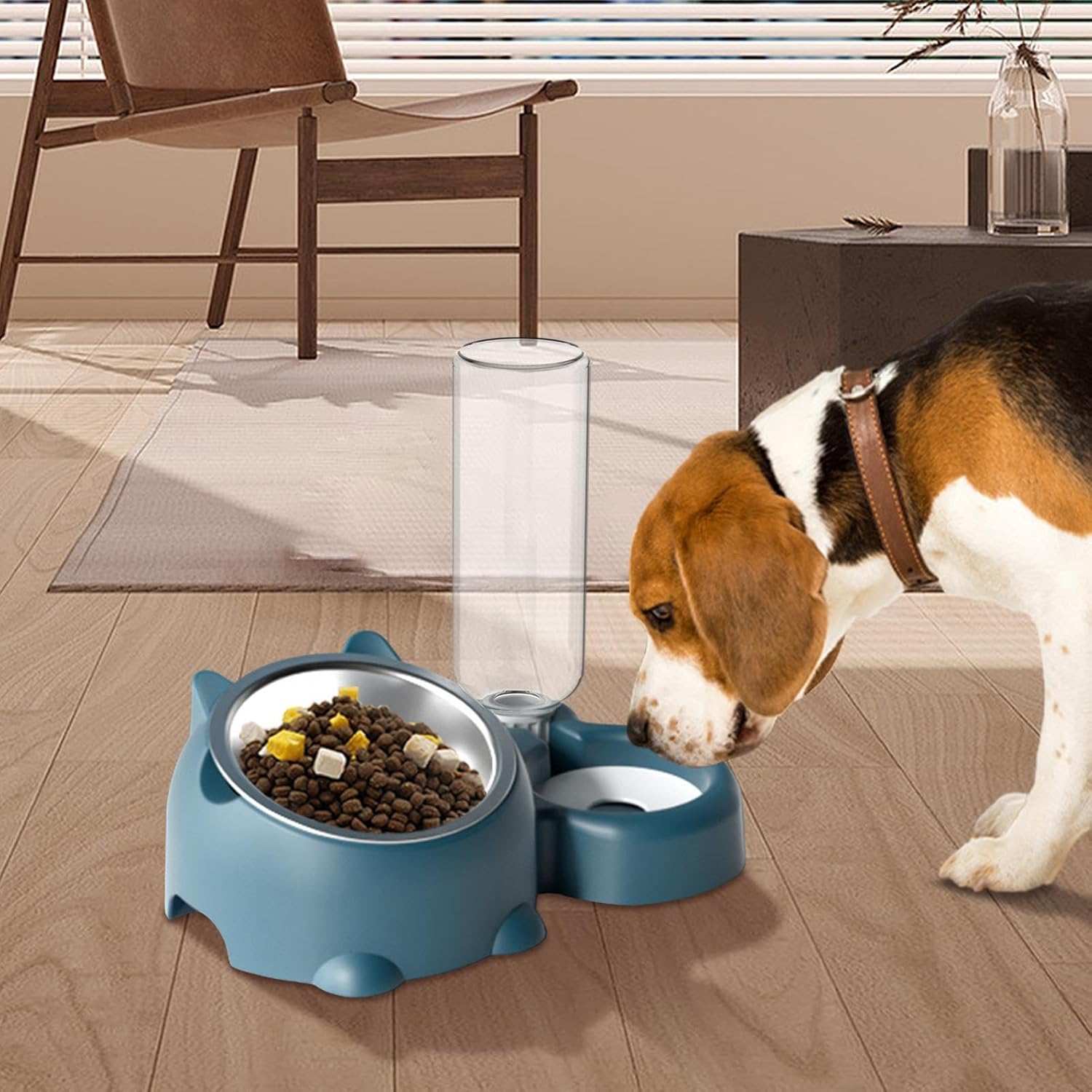 Innovative Pet Water Bottle and Bowl combo for dogs with a brown and white Beagle enjoying it