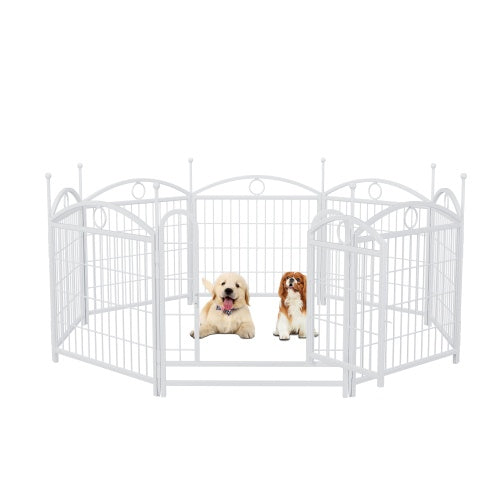 Wefulfil 8 Panel Metal Dog Playpen white octagonal enclosure with two small dogs for indoor outdoor use
