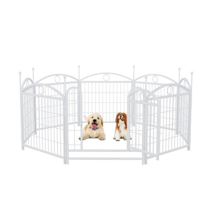 Wefulfil 8 Panel Metal Dog Playpen white octagonal enclosure with two small dogs for indoor outdoor use
