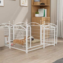 Wefulfil 8 Panel Metal Dog Playpen in white set up indoors with cushion and small dogs resting