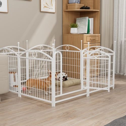 Wefulfil 8 Panel Metal Dog Playpen in white set up indoors with cushion and small dogs resting