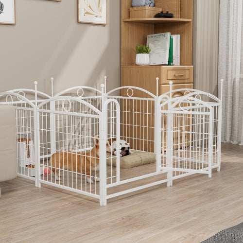 Wefulfil 8 Panel Metal Dog Playpen in white set up indoors with cushion and small dogs resting