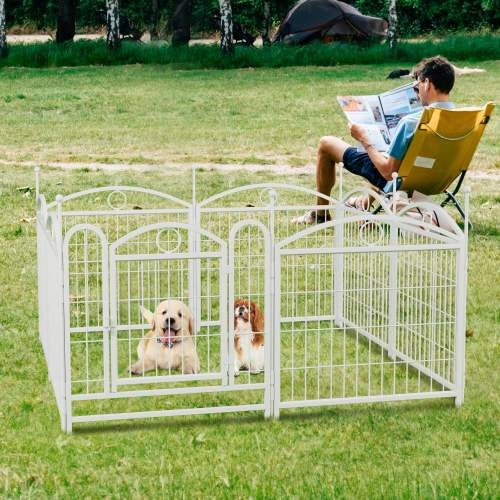 Wefulfil 8 Panel Metal Dog Playpen white outdoor exercise pen with two dogs and owner