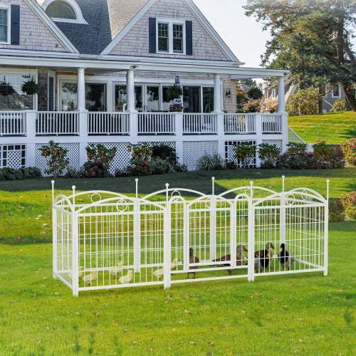 Wefulfil 8 Panel Metal Dog Playpen white outdoor portable pet enclosure on lawn with decorative arched panels for small pets