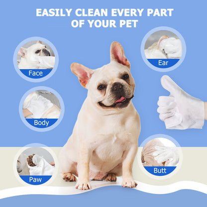 Wefulfil pet cleaning wipes for dogs and cats image showing french bulldog and wipes cleaning face ear paw body butt