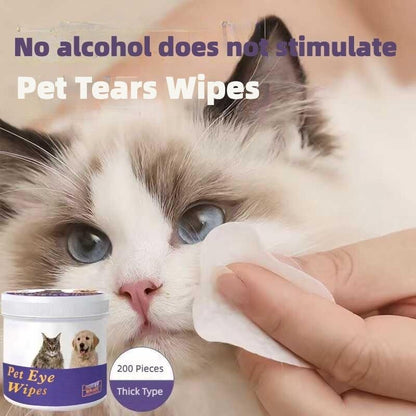 Wefulfil Pet Safe Eye Wipes jar and hand cleaning a cat close up showing 200 pieces thick type for gentle eye care