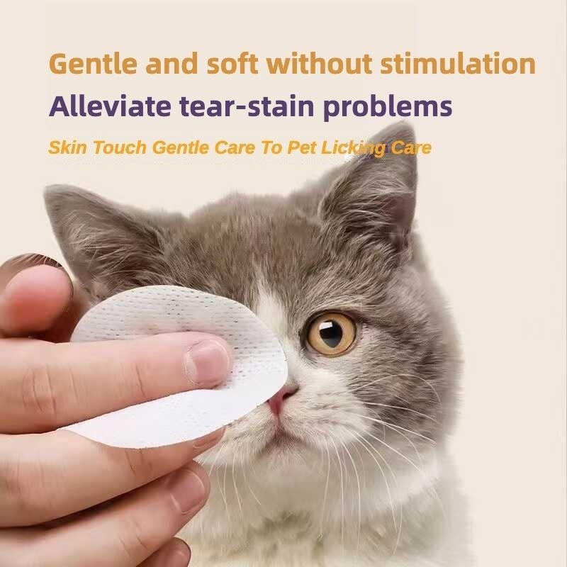 Wefulfil Pet Safe Eye Wipes gently cleaning a gray and white cat eye to reduce tear stains