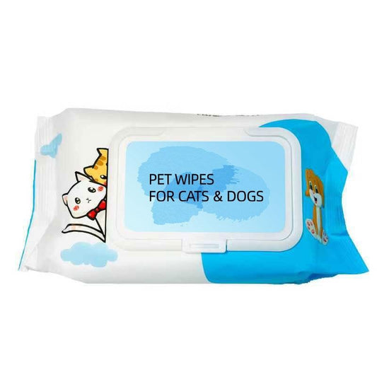 Wefulfil pack of plant-based pet wipes for dogs and cats in white and blue resealable package with cat and dog art