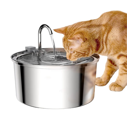 Purrfect Pet Haven stainless steel pet water fountain with flowing spout and orange tabby cat drinking