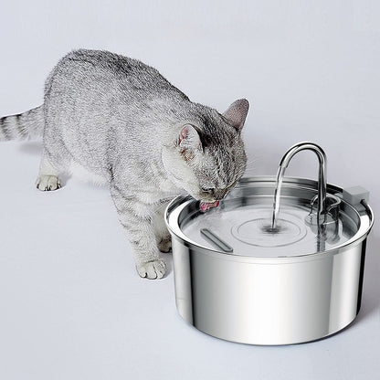 Purrfect Pet Haven stainless steel pet water fountain round bowl with flowing spout and gray cat drinking