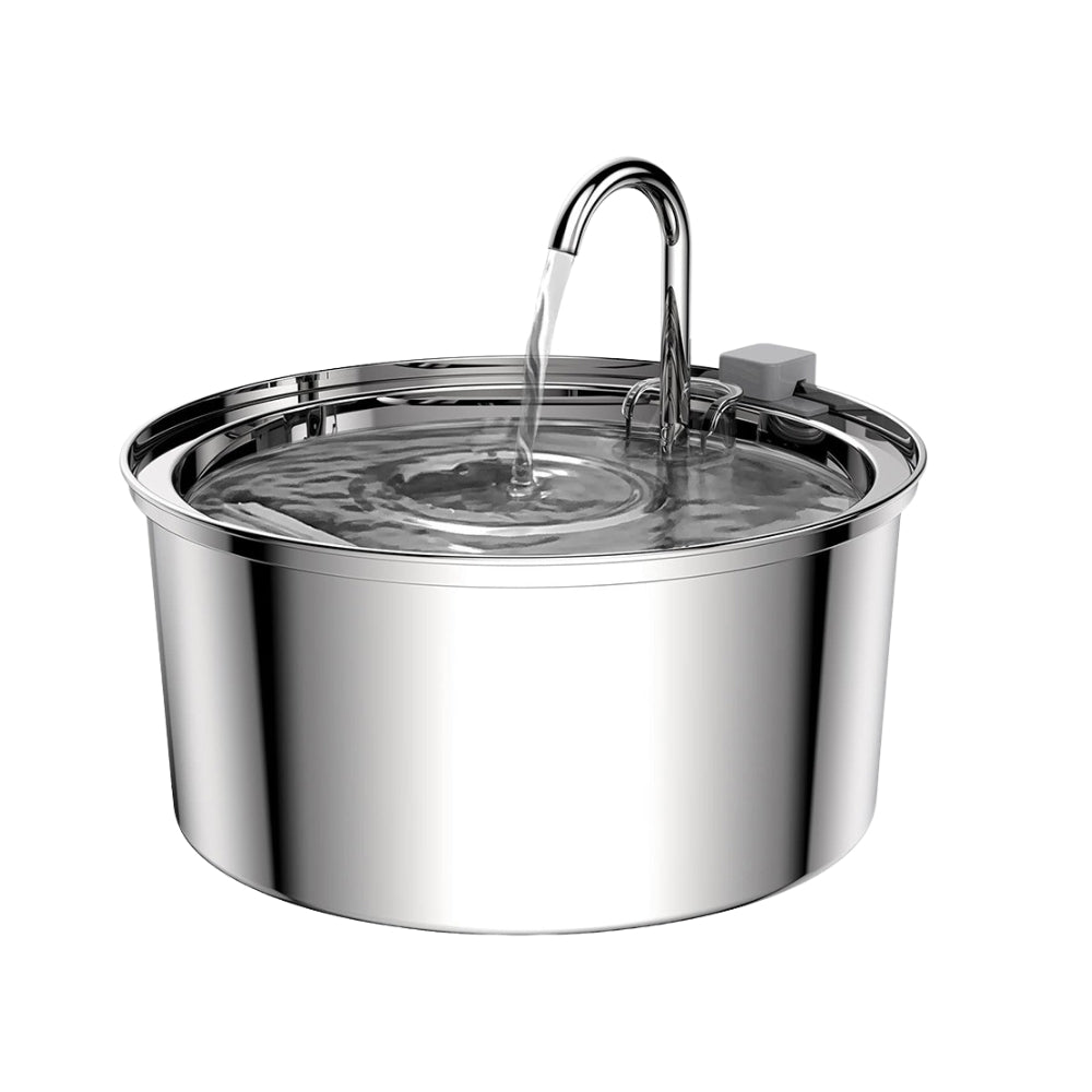 Purrfect Pet Haven stainless steel pet water fountain round basin with curved spout and flowing water