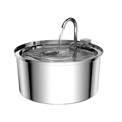 Purrfect Pet Haven stainless steel pet water fountain round basin with curved spout and flowing water
