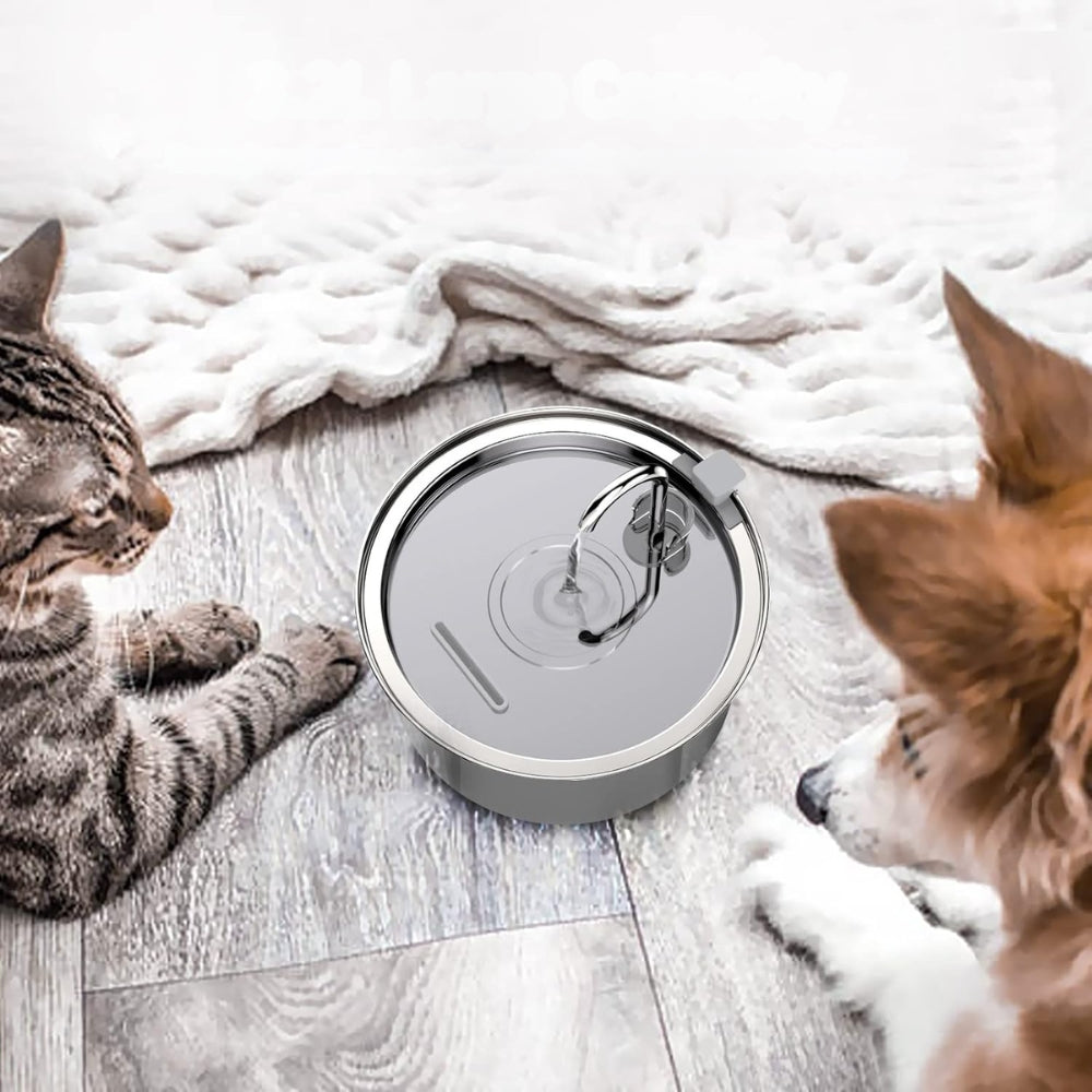 Purrfect Pet Haven stainless steel pet water fountain on hardwood floor with cat and dog drinking nearby
