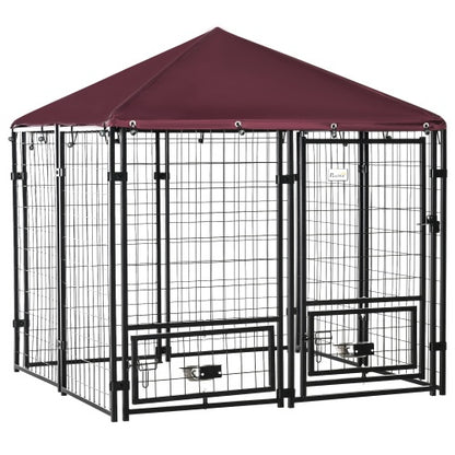 Metal wire dog kennel with maroon canopy and stainless bowls in rotating rack outdoor dog kennel with rotating bowl rack