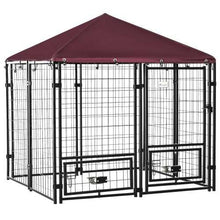 Wefulfil outdoor dog kennel with rotating bowl rack black metal wire panels and burgundy canopy