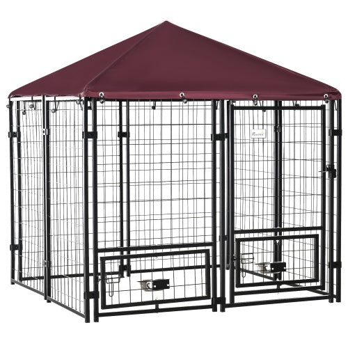 Wefulfil outdoor dog kennel with rotating bowl rack black metal wire panels and burgundy canopy