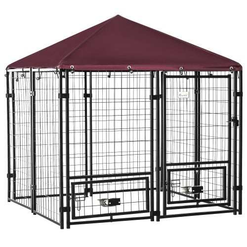 Wefulfil outdoor dog kennel with rotating bowl rack black metal wire panels and burgundy canopy