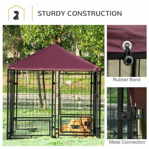 Wefulfil outdoor dog kennel with rotating bowl rack metal frame pen with maroon canopy and dog inside