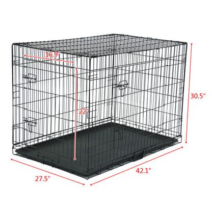 Wefulfil Black Dog Cage metal wire crate with removable plastic tray for small to medium dogs 42x27x30 in