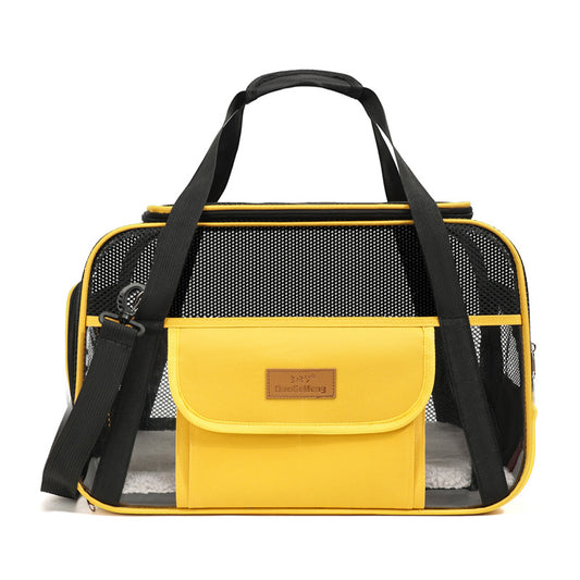 Dropshipman yellow Pet Travel Carrier Bag with black trim mesh panels removable shoulder strap and fleece pad