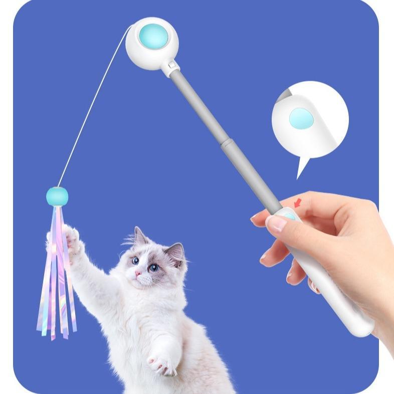 Wefulfil Retractable Interactive Laser pet toy held by hand with cat playing on blue background