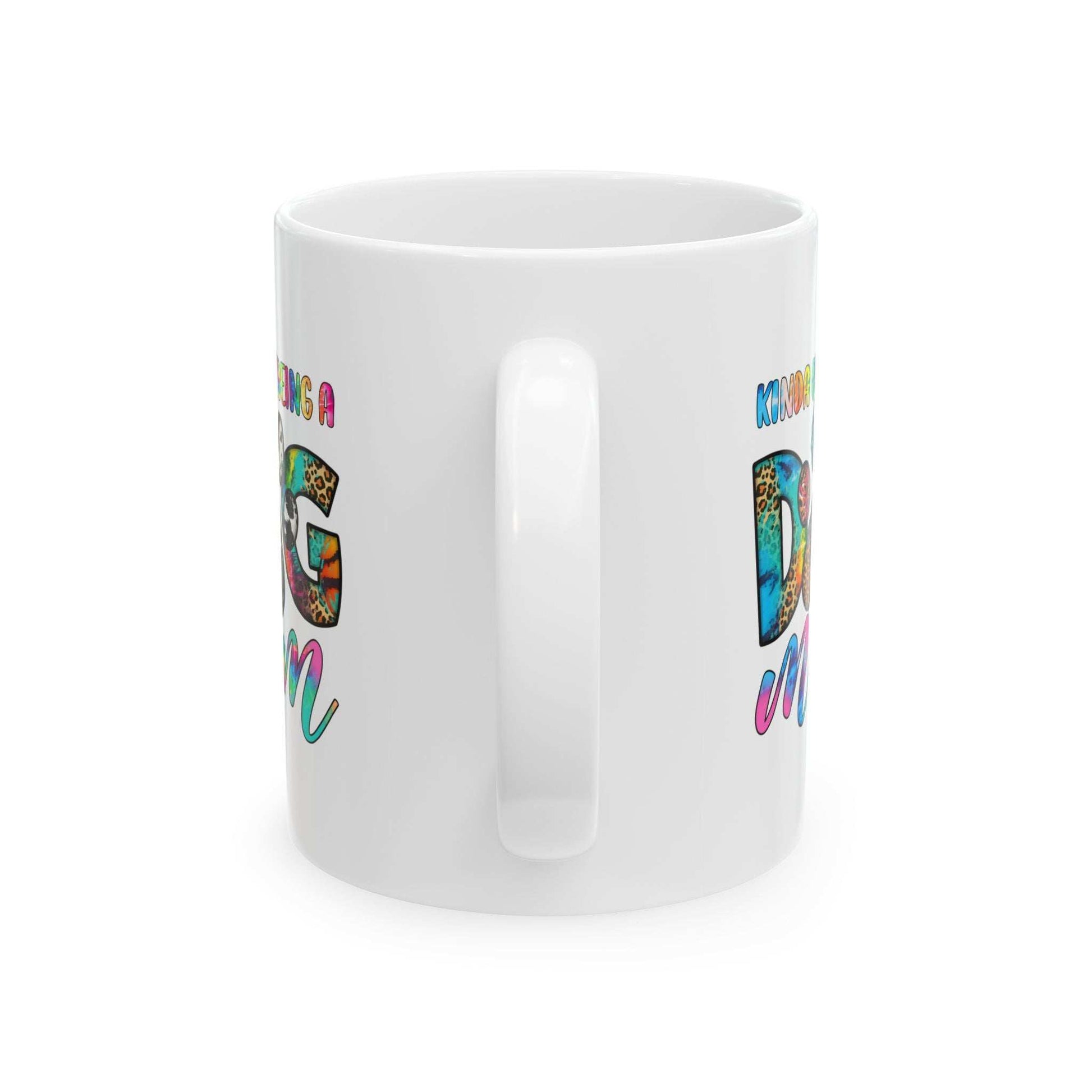 White ceramic Pet Owner Coffee Cup with colorful dog mom design and comfortable handle for daily use