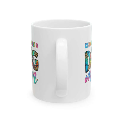White ceramic Pet Owner Coffee Cup with colorful dog mom design and comfortable handle for daily use
