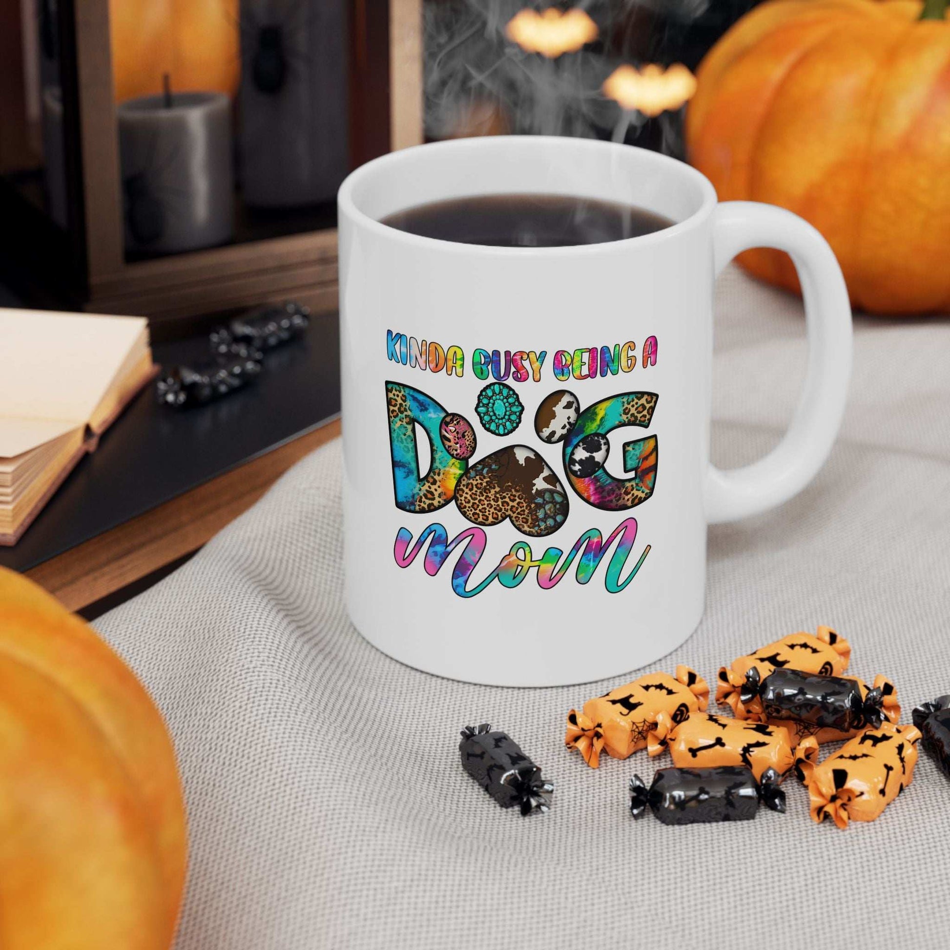Printify white ceramic mug with colorful dog mom design and paw print Pet Owner Coffee Cup for dog lovers