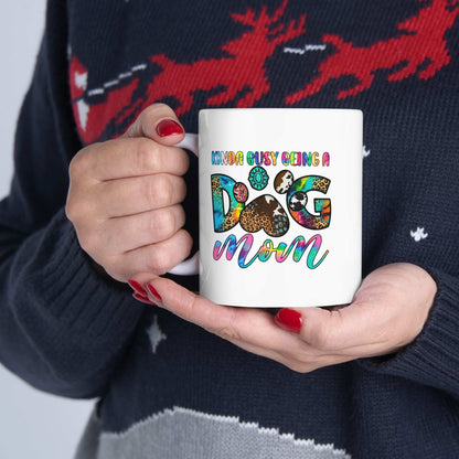 Pet Owner Coffee Cup white mug with colorful dog mom design held by person with red nails