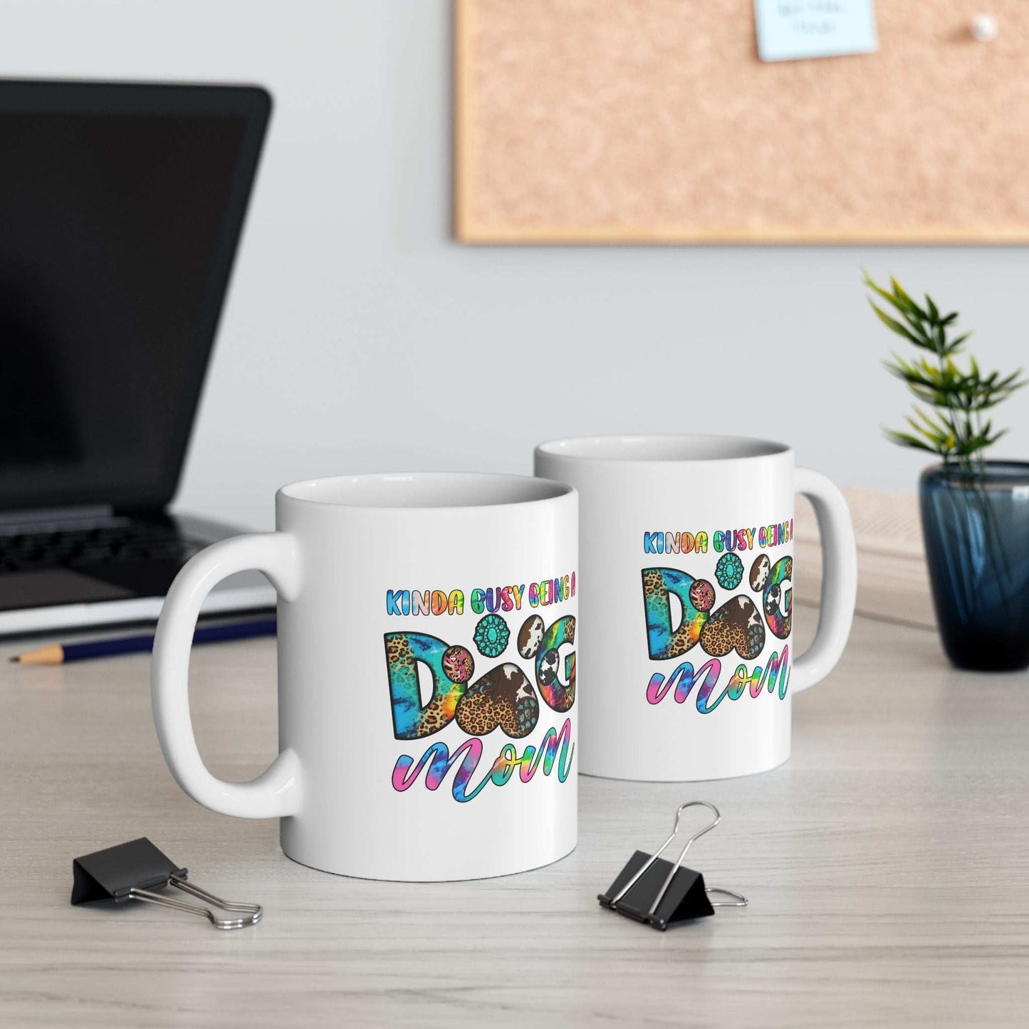 Printify white mug pair on desk with colorful Dog Mom design and paw prints Pet Owner Coffee Cup for dog lovers