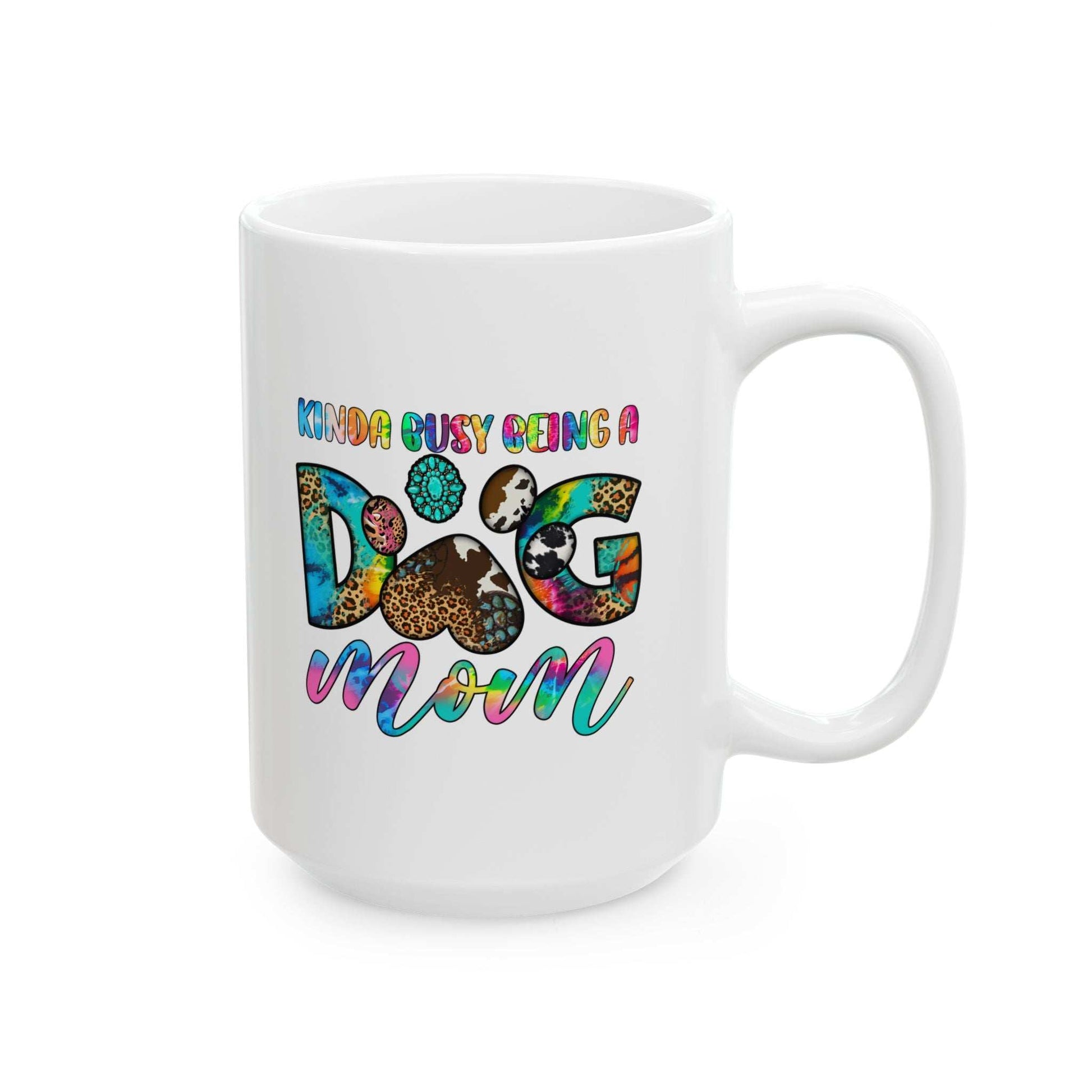 Printify white ceramic mug Pet Owner Coffee Cup with colorful dog mom paw print and leopard pattern design