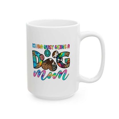Printify white ceramic mug Pet Owner Coffee Cup with colorful dog mom paw print and leopard pattern design