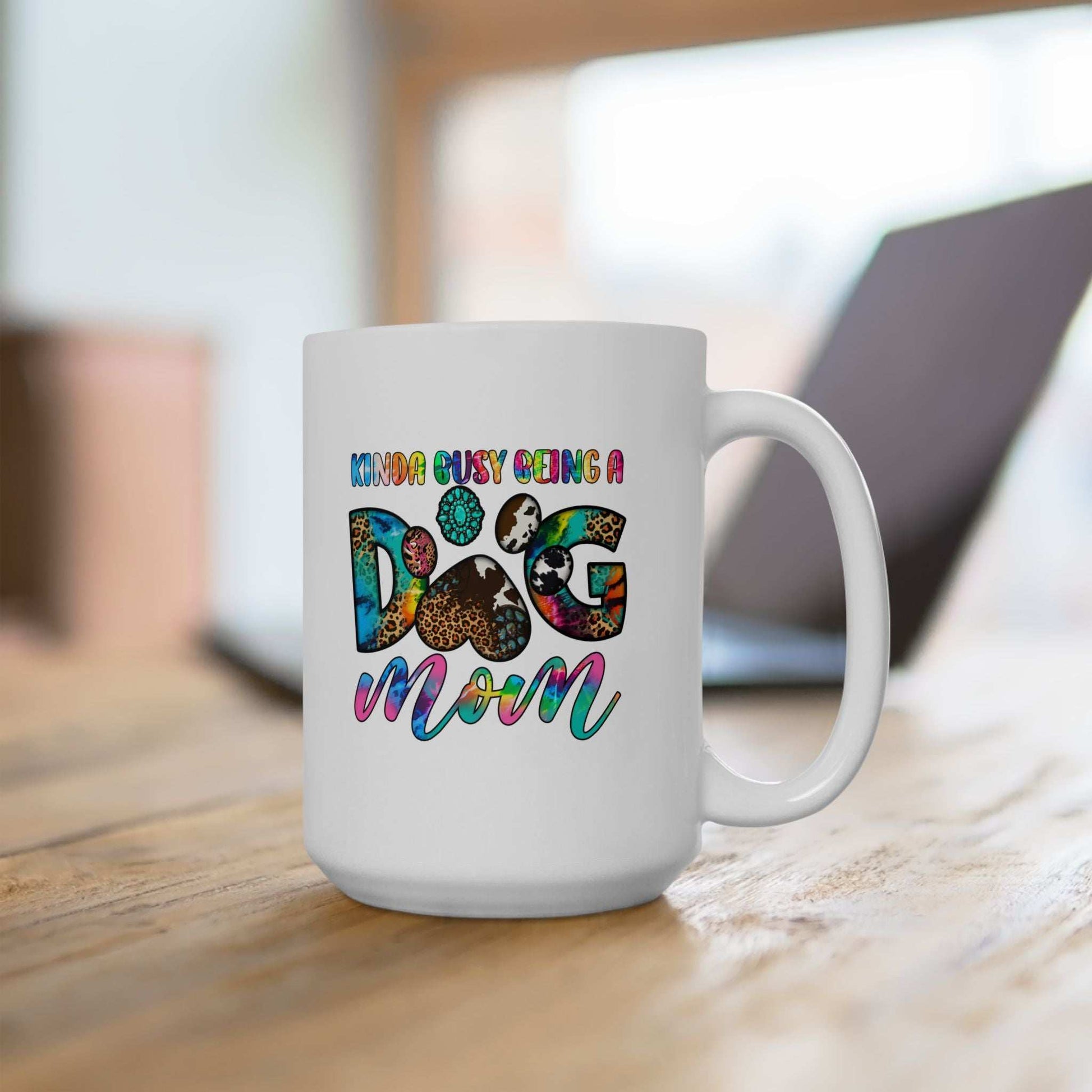 Printify Pet Owner Coffee Cup white ceramic mug with colorful Dog Mom paw print and playful typography