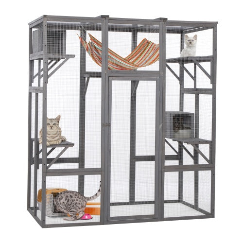 Wefulfil Outdoor Cat Enclosure Cage gray wooden frame with hammock multiple platforms and front door