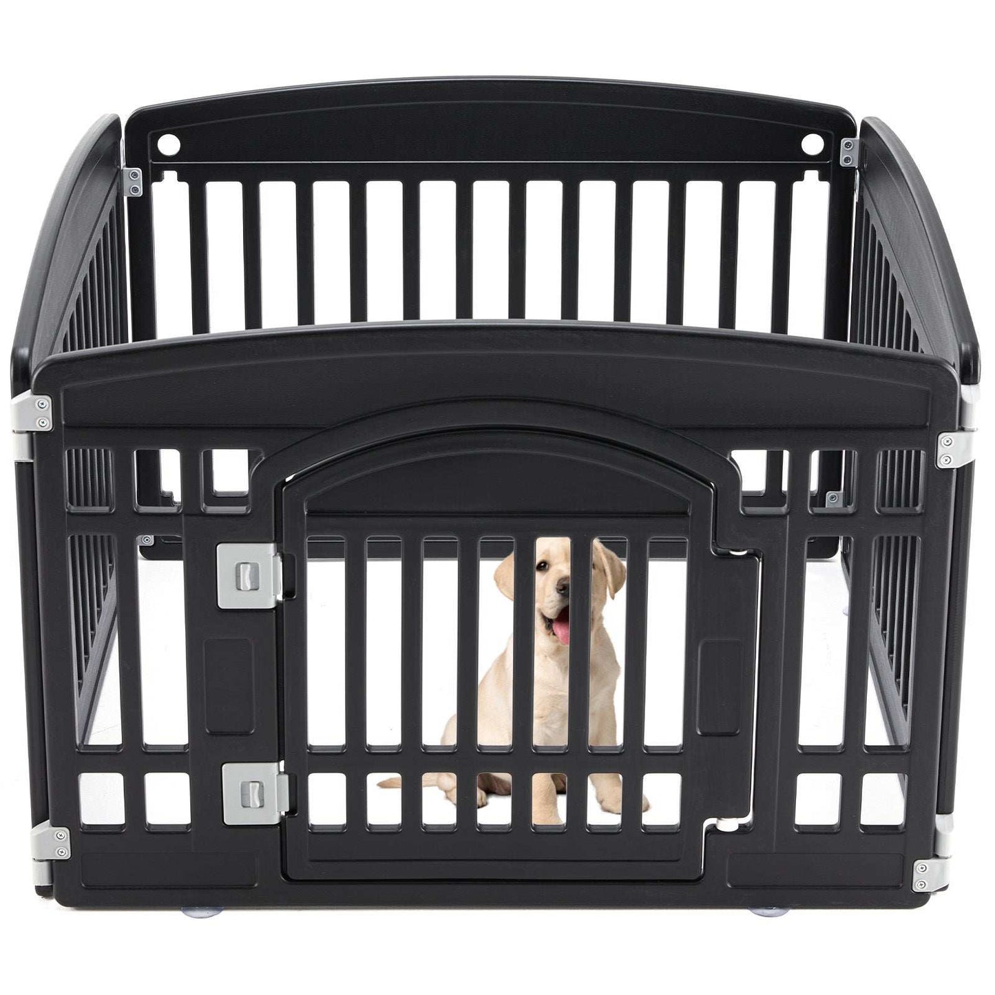 CJ Portable Pet Exercise Pen black plastic playpen with front door latch and Labrador puppy inside