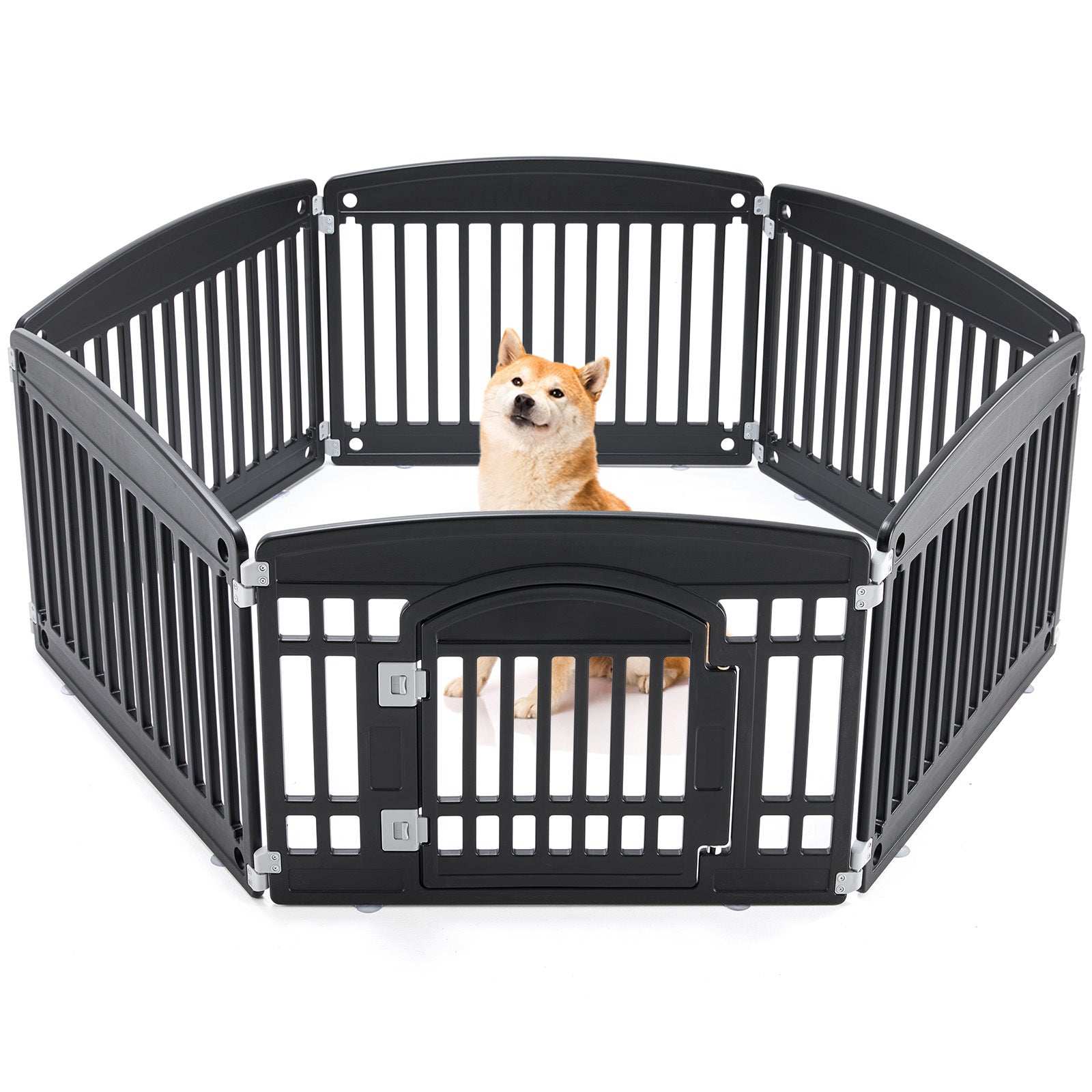 Portable Pet Exercise Pen black hexagonal playpen with front door and latch containing a small dog