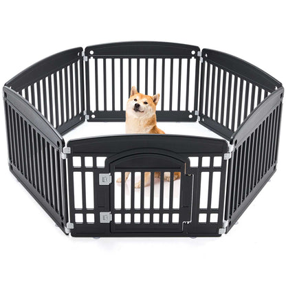 Portable Pet Exercise Pen black hexagonal playpen with front door and latch containing a small dog