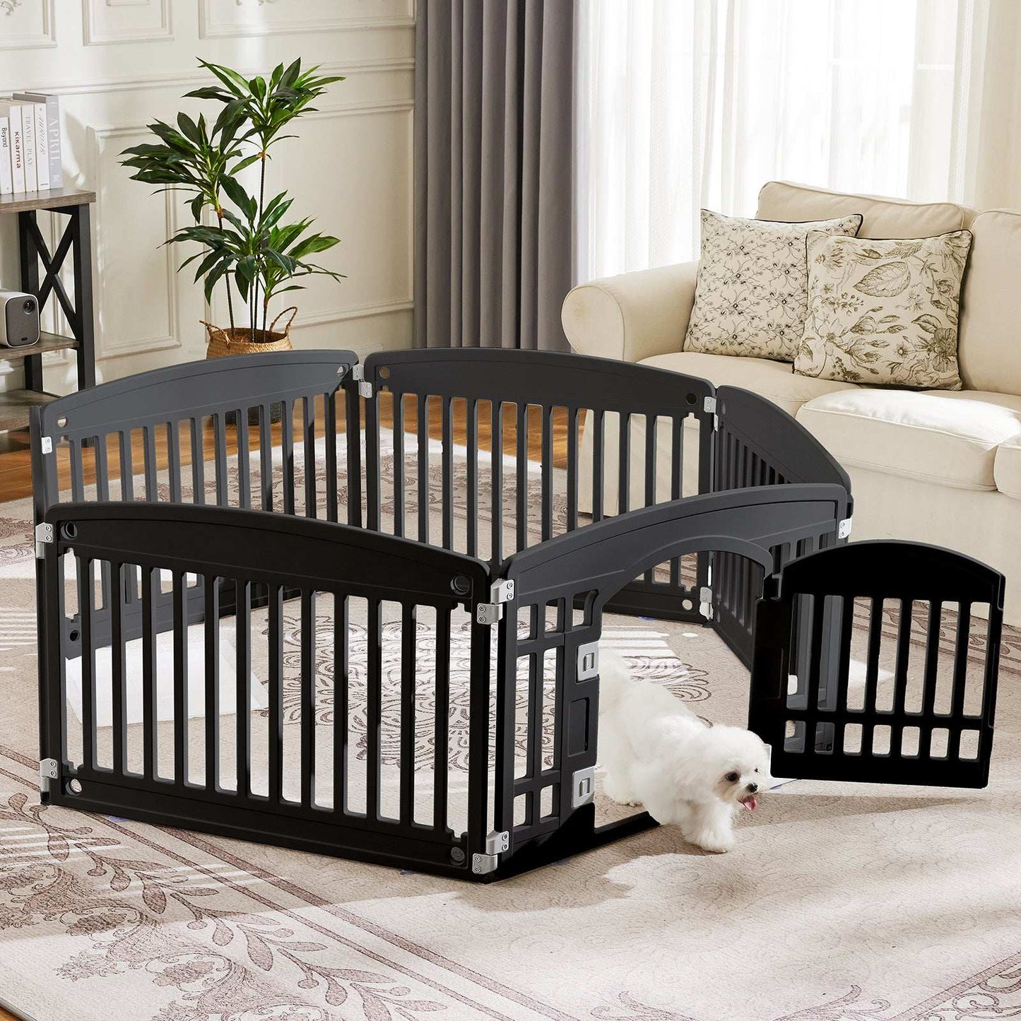 Portable Pet Exercise Pen plastic hexagon playpen with front door open and white small dog on living room rug