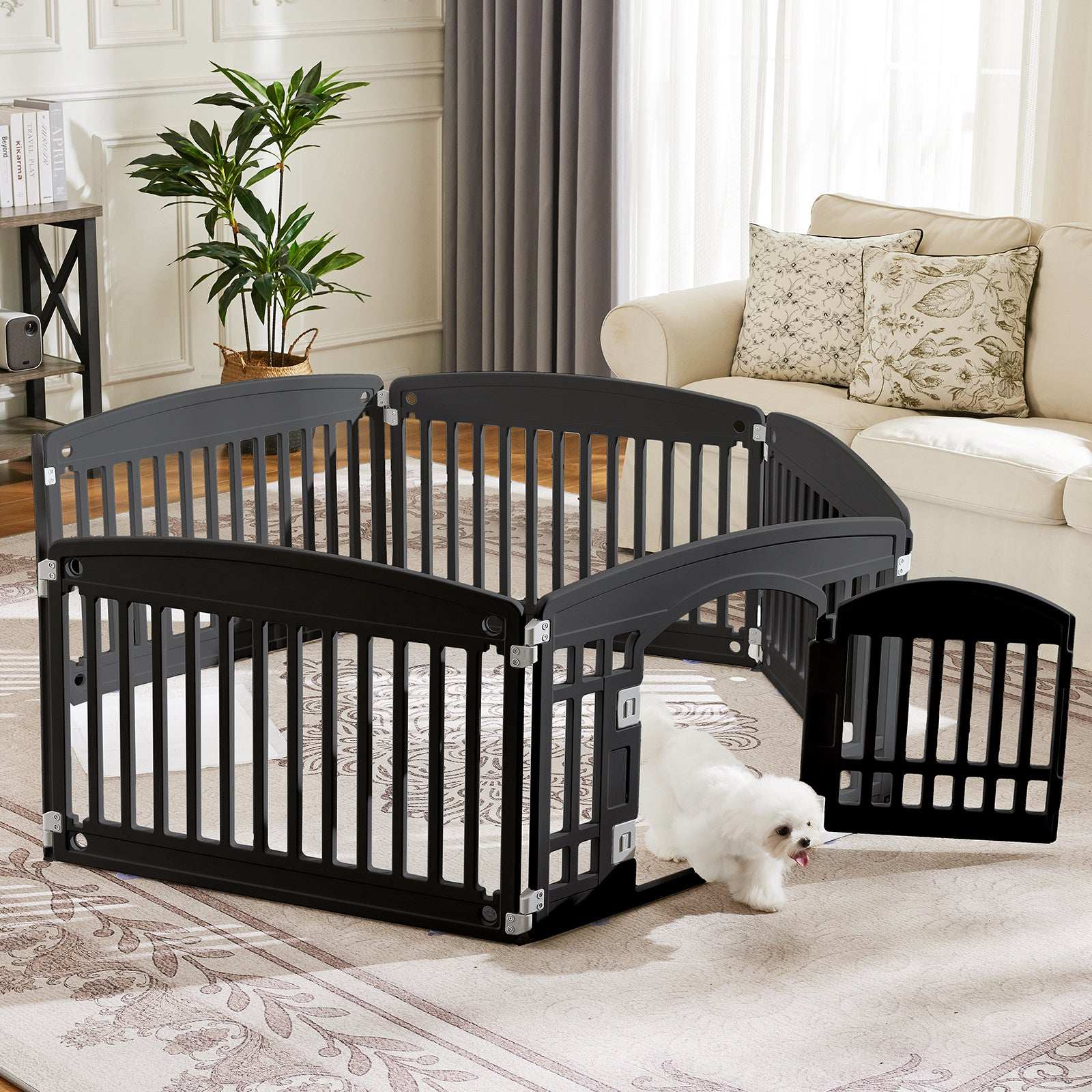 Portable Pet Exercise Pen plastic hexagon playpen with front door open and white small dog on living room rug