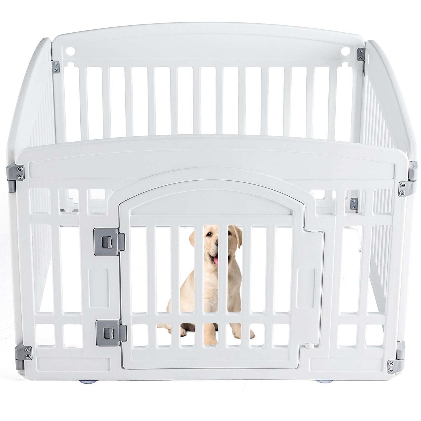 CJ Portable Pet Exercise Pen white plastic playpen with front gate latch and small labrador puppy inside