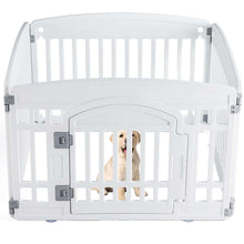 CJ Portable Pet Exercise Pen white plastic playpen with front gate latch and small labrador puppy inside