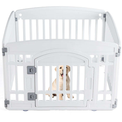 CJ Portable Pet Exercise Pen white plastic playpen with front gate latch and small labrador puppy inside