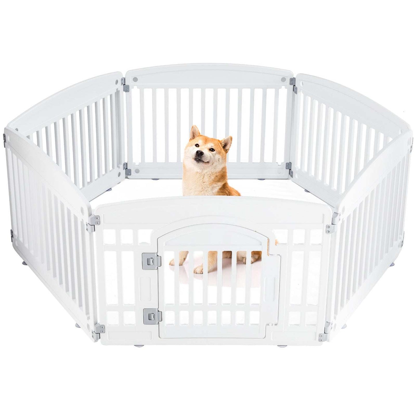 Portable Pet Exercise Pen white octagonal playpen with front gate and small dog inside for indoor or outdoor use