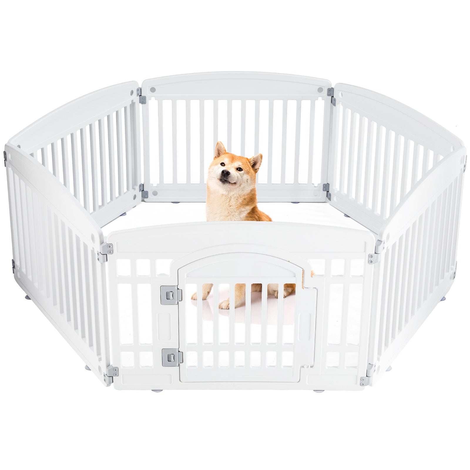 Portable Pet Exercise Pen white octagonal playpen with front gate and small dog inside for indoor or outdoor use