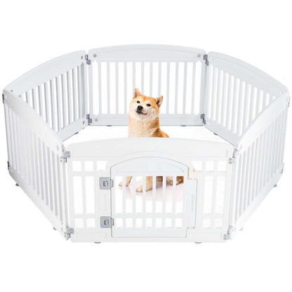 Portable Pet Exercise Pen white octagonal playpen with front gate and small dog inside for indoor or outdoor use