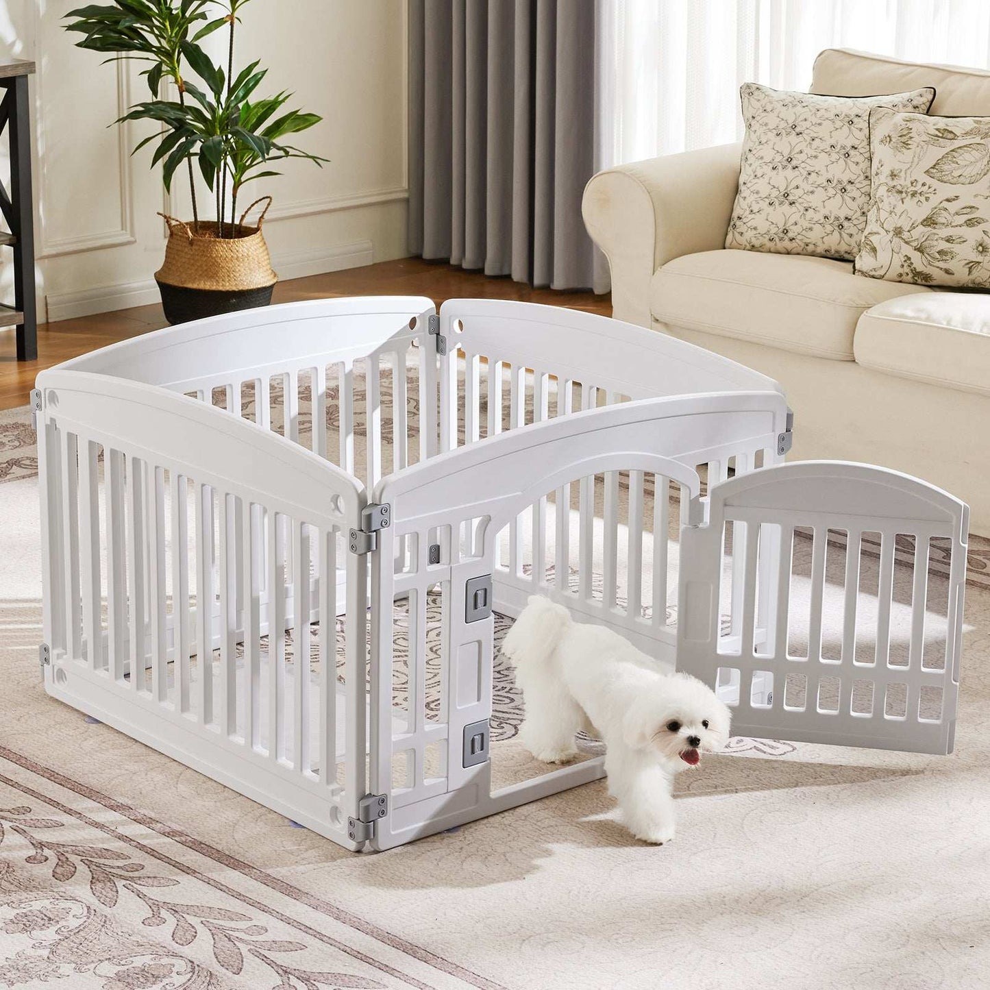 Portable Pet Exercise Pen white indoor playpen with safety gate in living room featuring small white dog