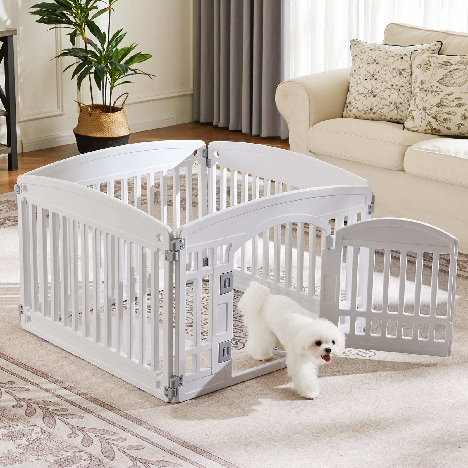 Portable Pet Exercise Pen white indoor playpen with safety gate in living room featuring small white dog