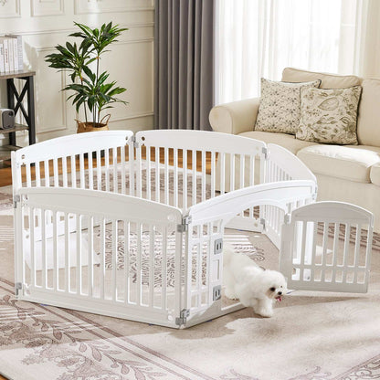 CJ Portable Pet Exercise Pen white indoor playpen with gate for small dogs and puppies in living room