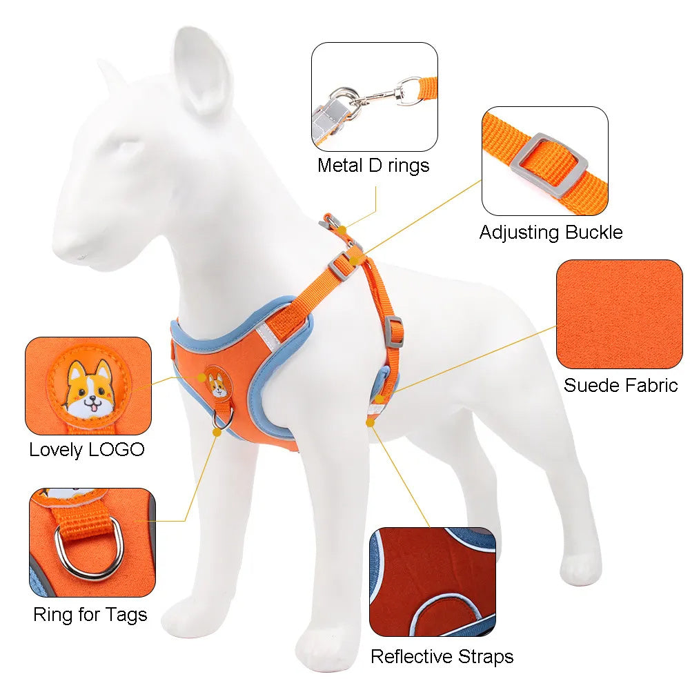 Wefulfil orange suede no pull dog harness for small dogs with reflective straps metal D rings and tag ring
